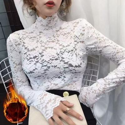 Plush Lace Inner Layer, Thickened Hollow Top, Autumn and Winter Style Small Shirt, Half Turtleneck, Super Fairy Long-sleeved Bottoming Shirt for Women
