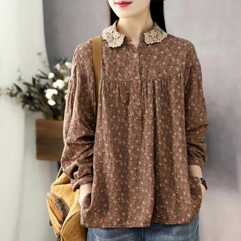 Spring Autumn Lace Patchwork Shirt Women Floral Print Shirt Ladies Loose Casual Vintage Long Sleeve Pullover Top