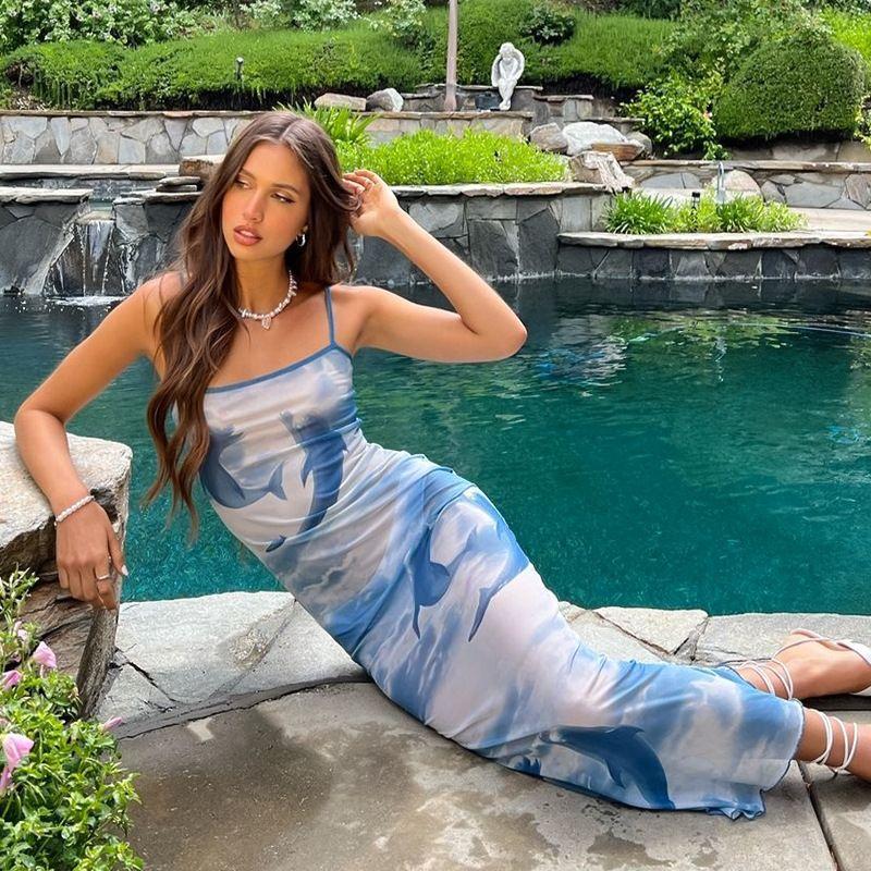 

New Arrival Fashion Style Chest Wrap Tight Dress Dolphin Printing Silm Slim Looking Mid Length Long Length Skirt Bodycon Dress Fashion SEA BLUE S