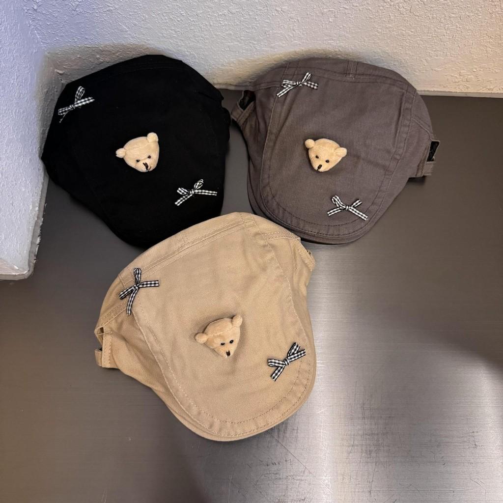 Soft Girl Bear Beret Hat With Butterfly Bow Fashion Summer Casual For Women