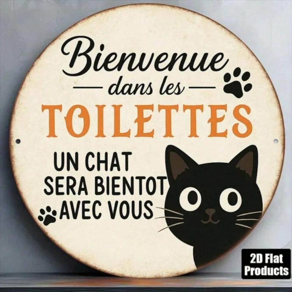 Rustic Round Aluminum Cat Sign for Bathroom, Country Style Decorative Wall Plaque