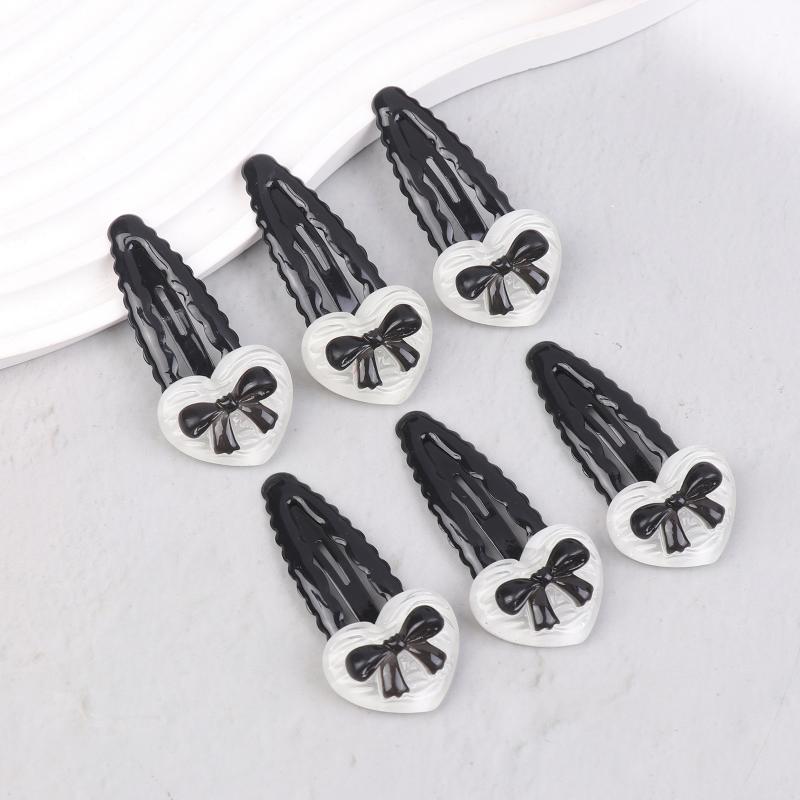2/6Pcs Fashionable Heart Black Bowknot Wavy Bb Clip Energetic Girl'S Sweet And Cool Versatile Side Clip New Style Hairpin