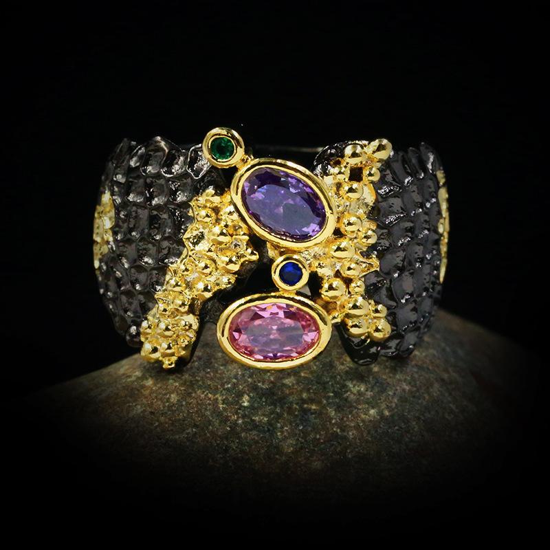 Geometric black gold colorful zircon ring for women 925  Vintage wedding party engagement ring jewelry gift