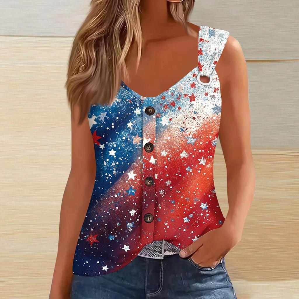 Women's Fashion Casual Loose Sleeveless Buttoned V-Neck Independence Day Printed T-Shirt Top