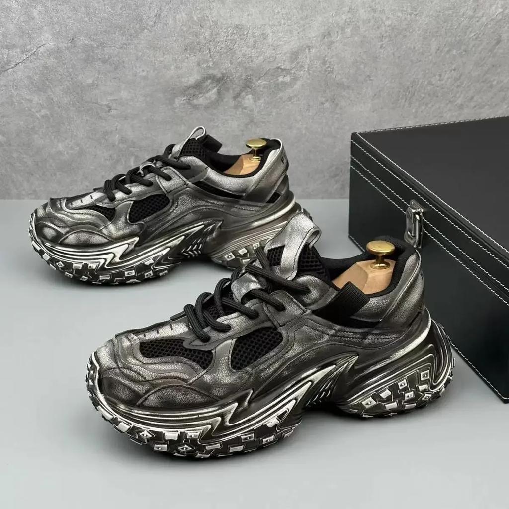 Chunky Sneakers Men Designer Tire Bottom Sport Shoes Fashion Casual Leather Mesh Breathable Height Increased Flat Platform Shoes