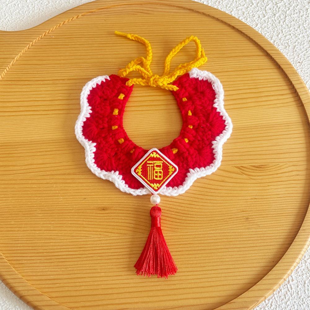 Handmade Cat Dog Scarves Lightweight Chinese Style New Year Cat Bow Tie Embroidery Pattern Red Tassels Knitted Pet Collar