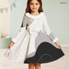 Girls High Neck Long Sleeve Printed A Line Flared Dress Faux Fur Trim Bow Decor
