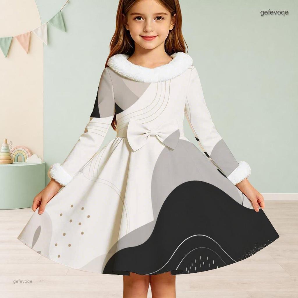 Girls High Neck Long Sleeve Printed A Line Flared Dress Faux Fur Trim Bow Decor