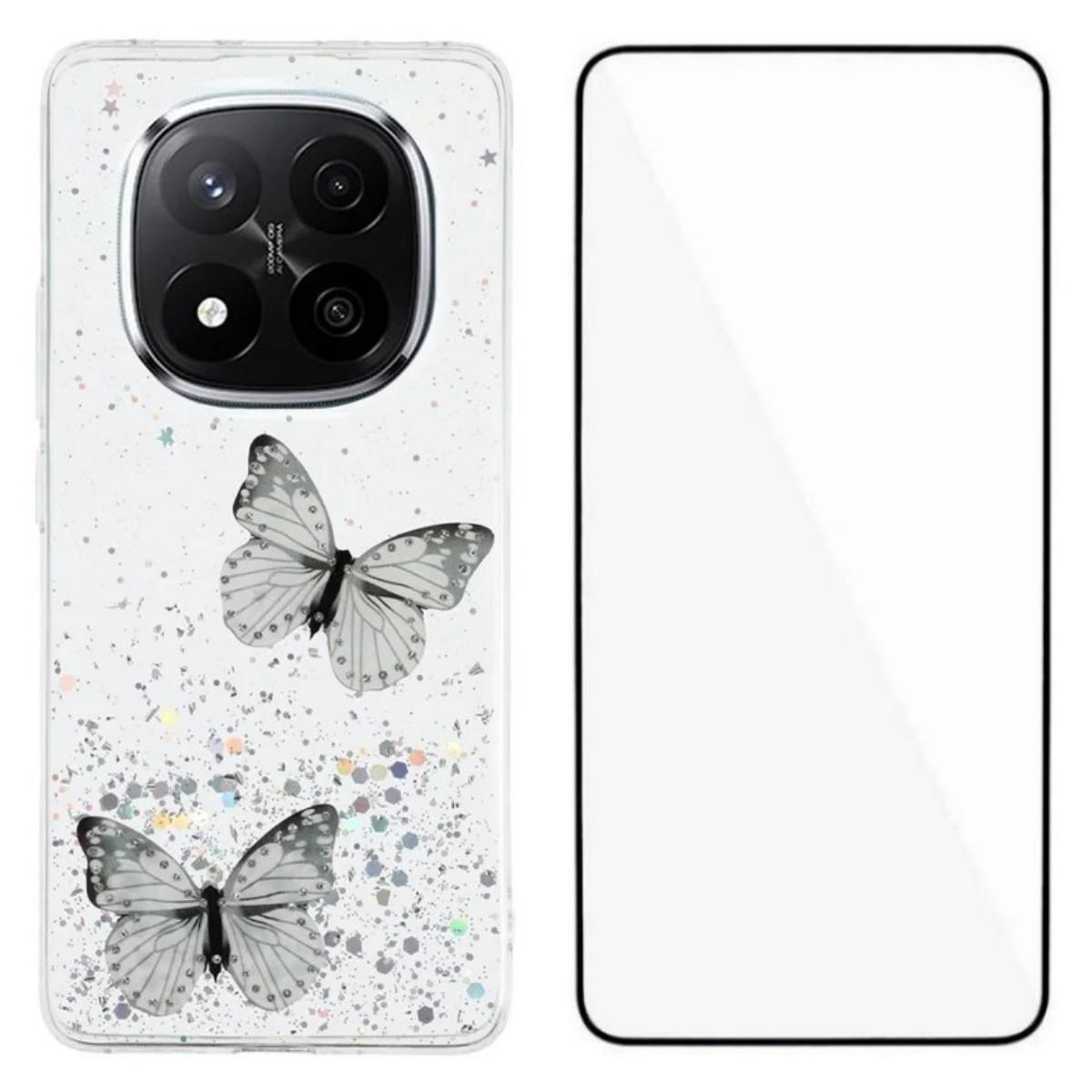 

For Xiaomi Redmi Note 14 Pro+ 5G TPU Case WANLONFENG AW Series PVC Butterfly Epoxy Phone Cover with HD Film White