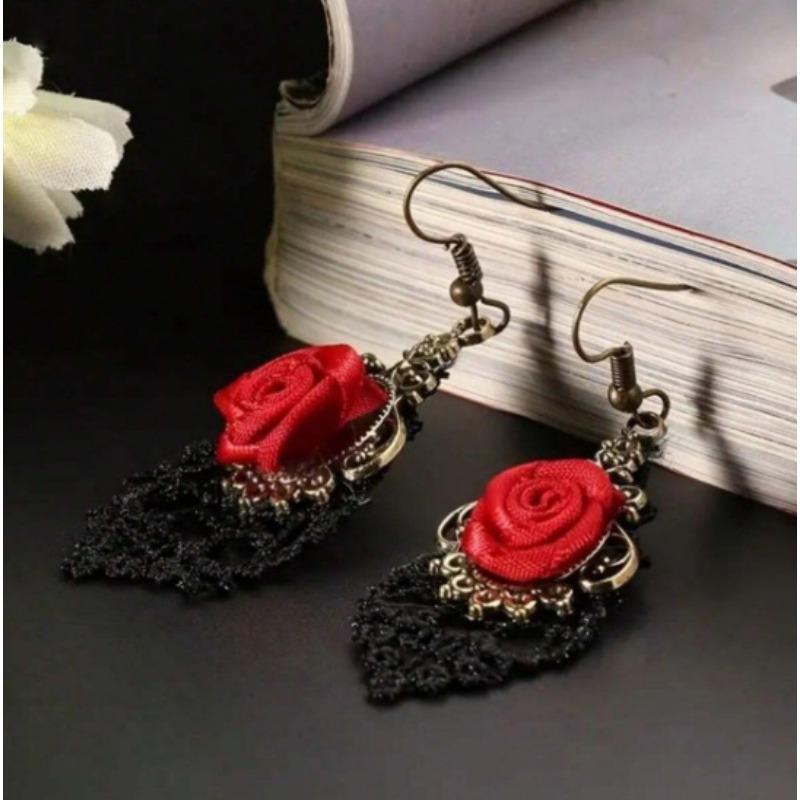 New Gothic Versatile Dark Style Rose Earrings Women's European and American Silk Flower Earrings