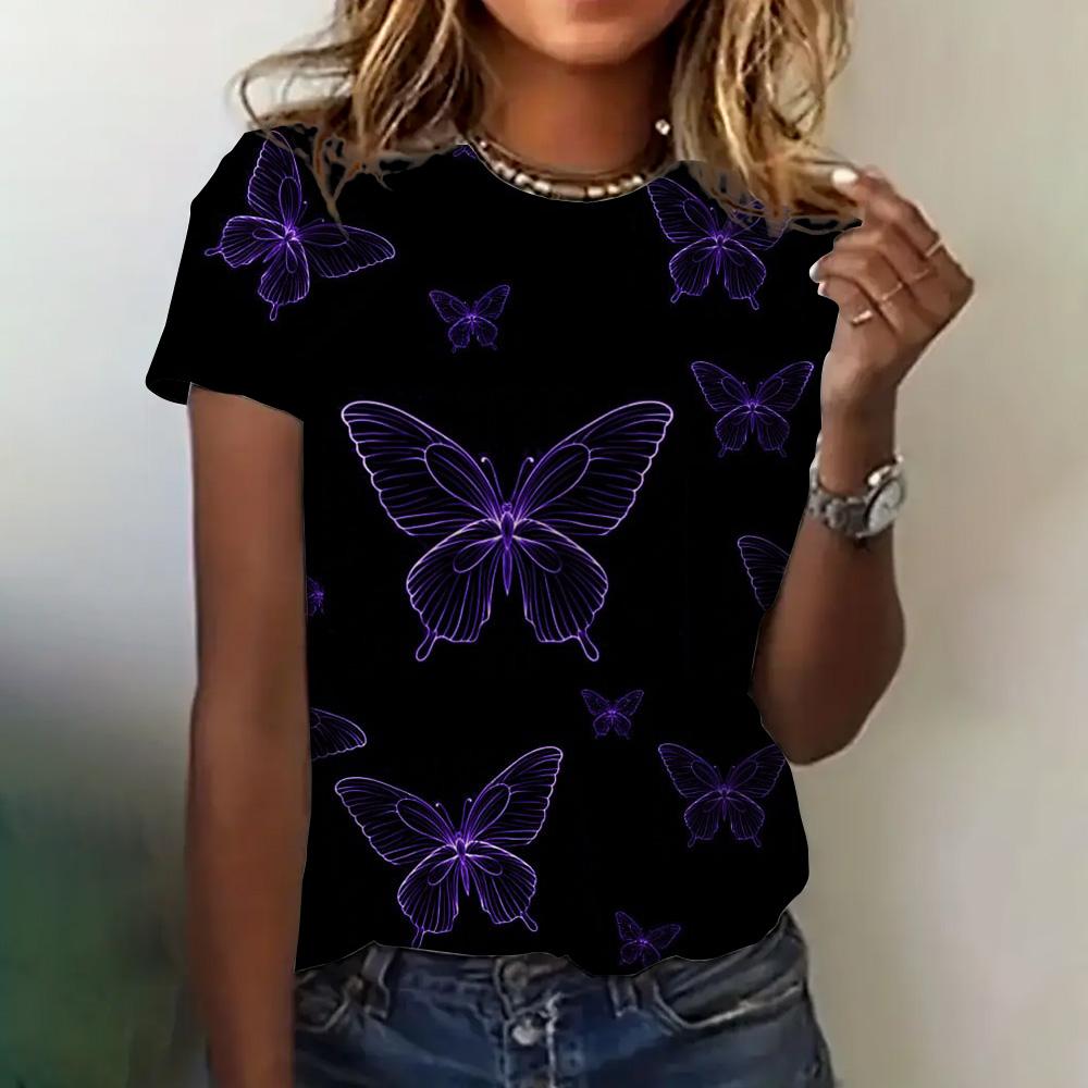 Women's Clothing Summer 3D Printed T-shirt Loose Breathable Short Sleeve Fashion Butterfly Print Round Neck Casual Top Women's T-shirt