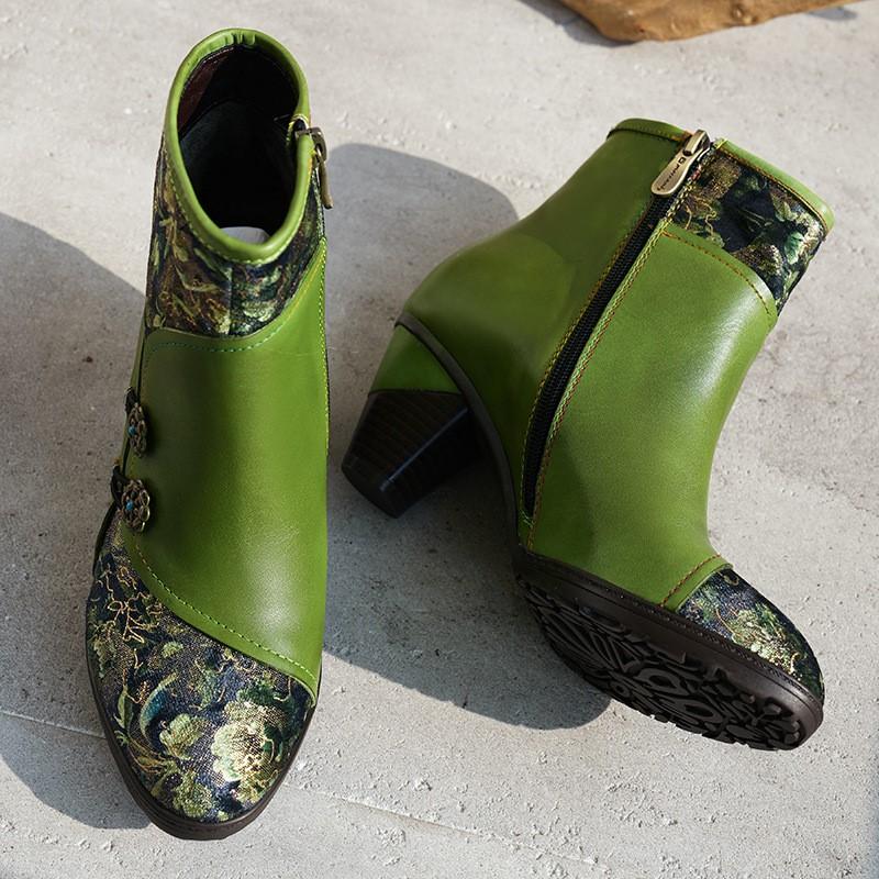Johnature Retro Genuine Leather Patchwork Jacquard Fabric High-heeled Women's Short Boots