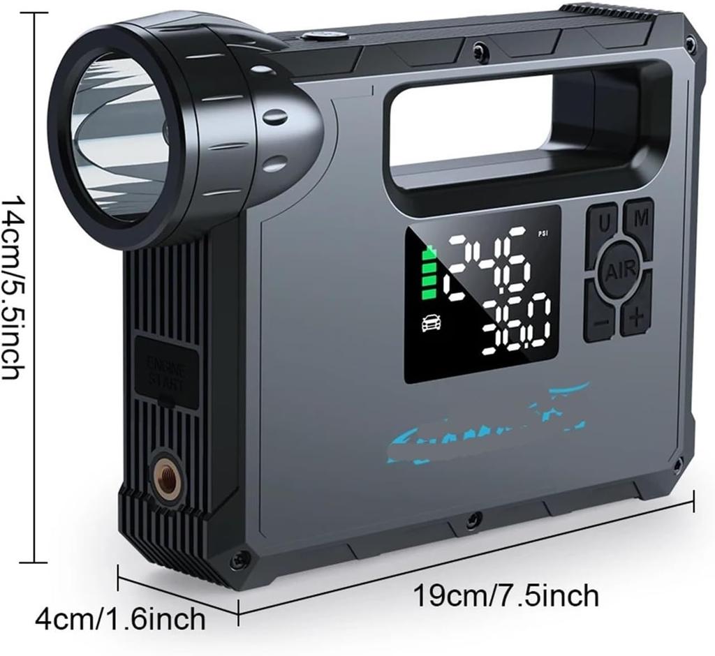 Portable 5 in1 Car Emergency Starter Air Compressor Car Motorcycle Bicycle Tire Pump Tire Mattress Balloon Inflator with Starter Flashlight Power Bank