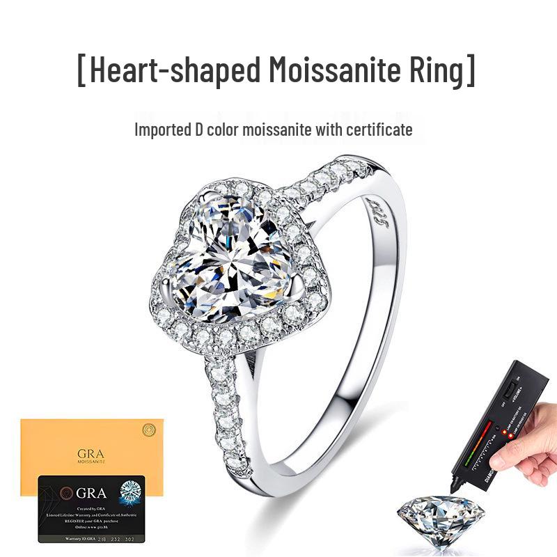 S925 Sterling Silver Moissanite Heart Engagement Ring, 1.2CT D Color