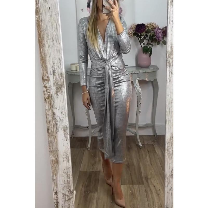 Women's Autumn and Winter Sexy V-neck Dress Solid Color Gold-toned Tight Hip-pack Skirt