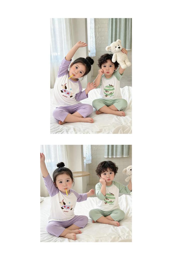Girls' Air-Conditioned Pajama Set: 7-Point Sleeve & Pants, Ages 2-15, Sizes 80-160cm, Breathable Summer Sleepwear