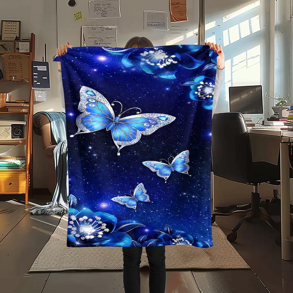 1Pc Blue Butterflies Print Flannel Blanket, High Quality Comfortable for All Seasons, Home Decor, Warmth and Comfort, Perfect for Christmas Gifts