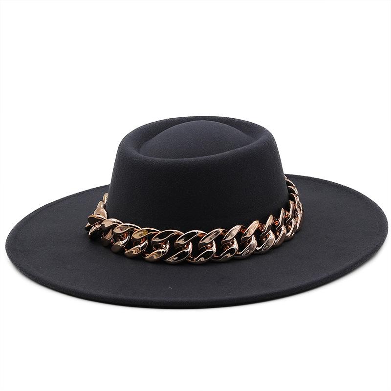 New retro ethnic style. Eaves wool woolen felt hat concave and convex top men's and women's top hats, big eaves thick gold chain hat