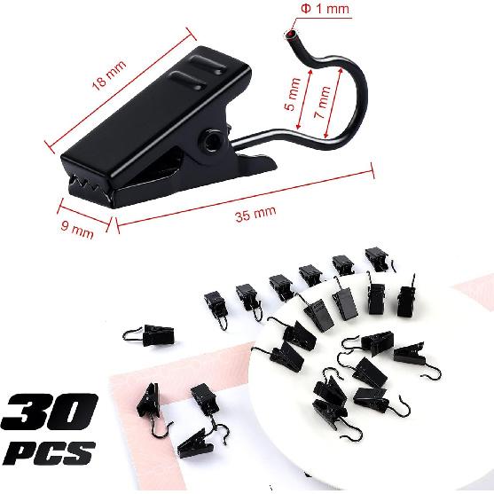 JANYUN 30 Pack Small Heavy-Duty Hook Clip Set Metal Curtain Hangers Clips for Clip Photo Home Decoration Art Craft Display - Black