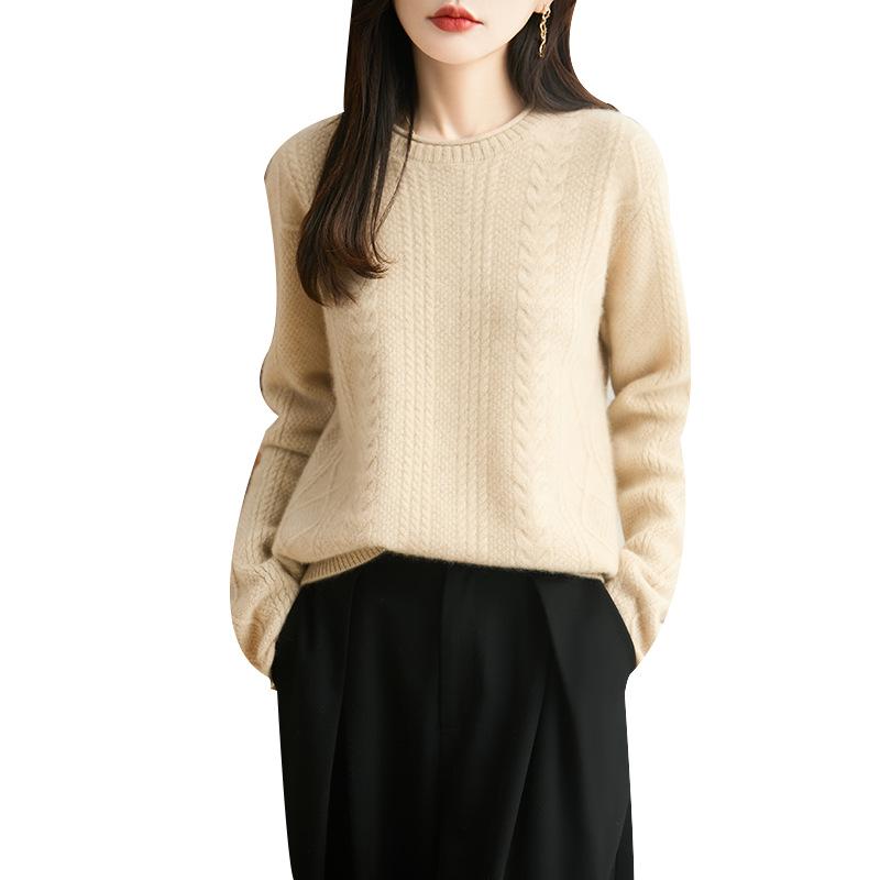 Women's 100% Pure Wool Round Neck Cable Knit Sweater - Thickened, Rolled Edge, Loose Fit for Autumn & Winter