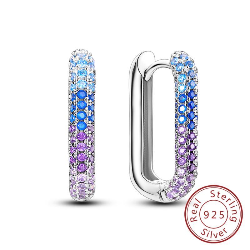 New Original 925 Silver Hoop Earrings Purple Zircon Flowers Butterflies Studs Earring For Women Wedding Engagement Gift
