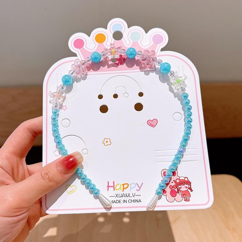 Colorful Pearl Necklace and Jewelry Set: Beaded Bracelet, Cartoon Headband, Earrings - Princess Accessories for Girls