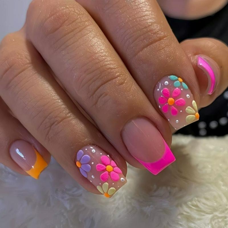 24 Stück Y2K-Stil Lange Quadratische Blumenmuster Falsche Nägel & 1 Stück Nagelfeile & 1 Blatt Klebeband Press-On Nägel Nagelzubehör