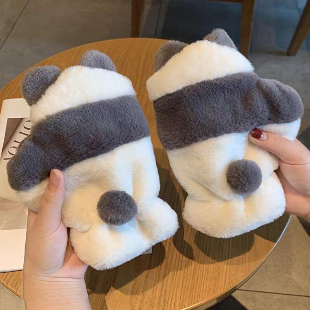 Fleece-lined Half Finger Gloves Winter Velvet Mittens Cute Panda Plush Gloves Outdoor