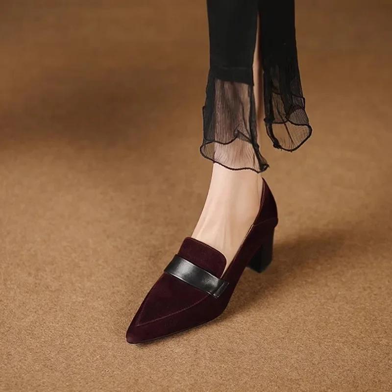 Pointed Toe Women Pumps Autumn Thick High Heeled Loafers Suede Black British Retro Slip on Dress Party Heels for Woman Zapatos