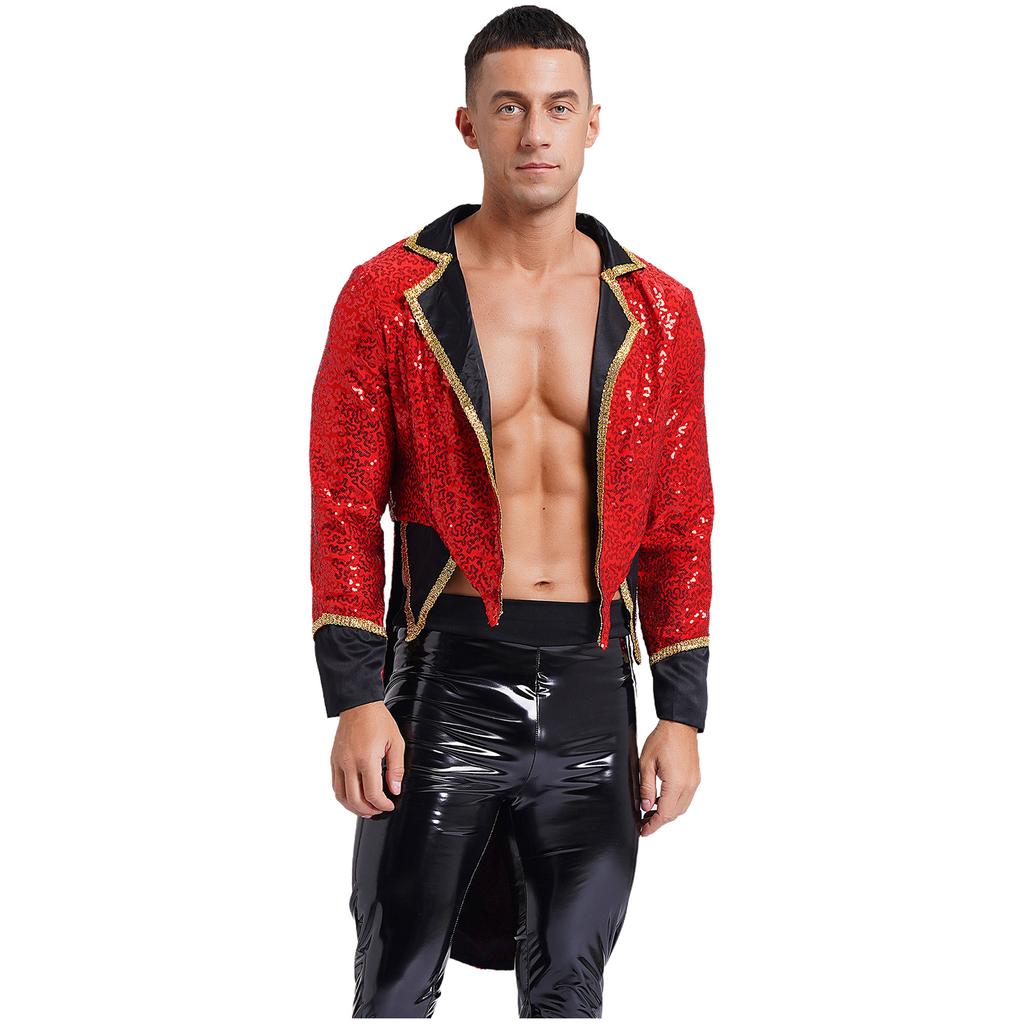 Mens Halloween Circus Sequin Tailcoat Notch Lapel Long Sleeve Tuxedo Outerwear