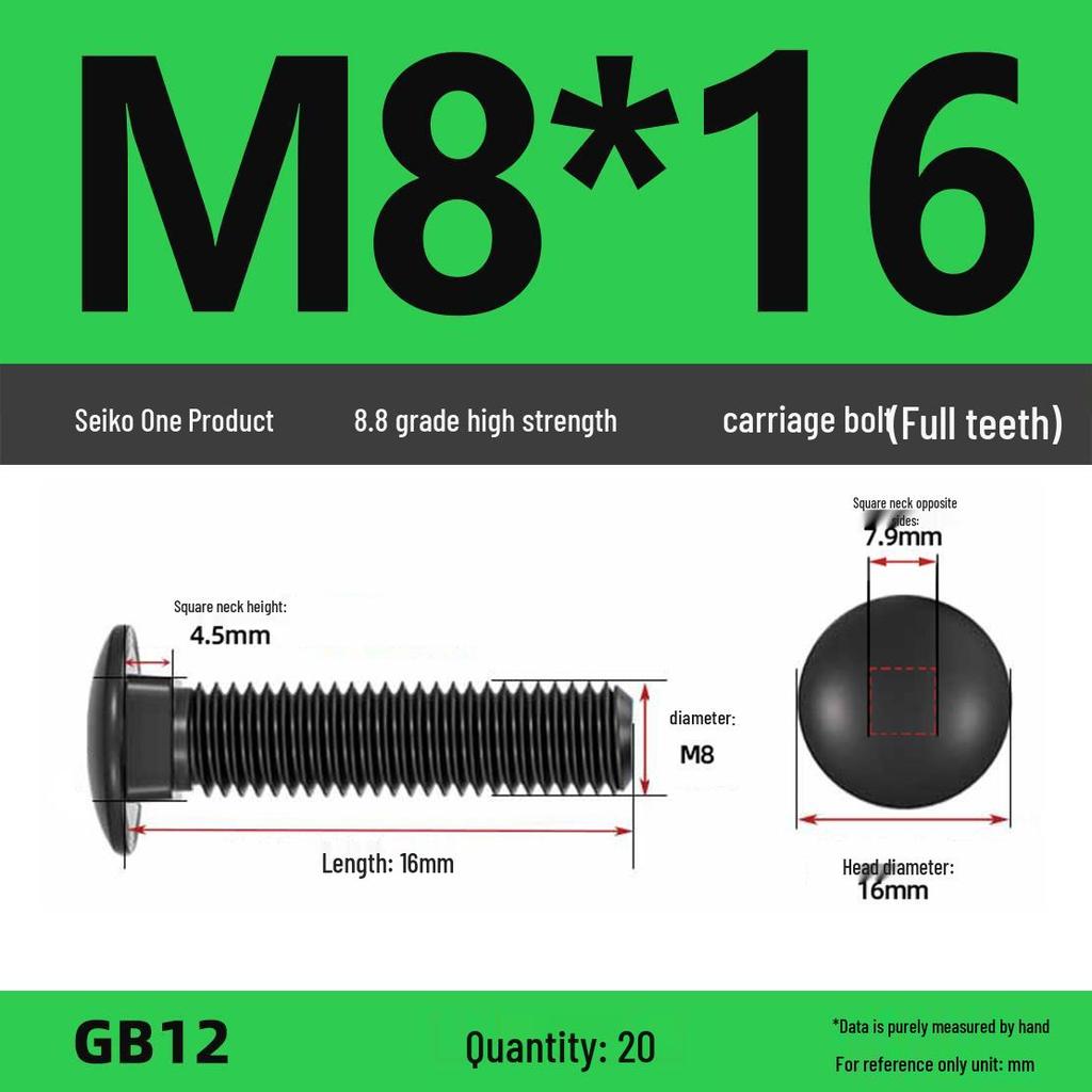 High-Strength Grade 8.8 Carriage Bolts: Round Head, Square Neck, M6-M16 Sizes for Shelf and Bridge Frames