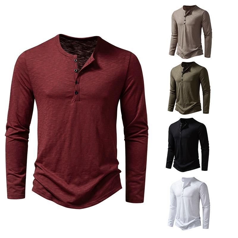 Mens Loose Slub Cotton Henley Collar Long Sleeve Casual T Shirt