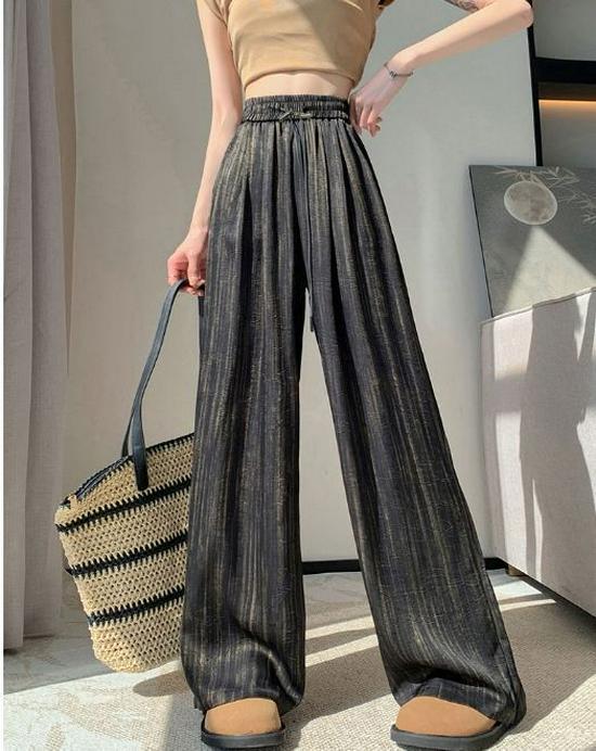 Pantaloni cu picior larg din mătase de gheață satinată cu imprimeu cerneală, stil subțire pentru vara 2025, design cool Yamamoto cu drapaj plisat.