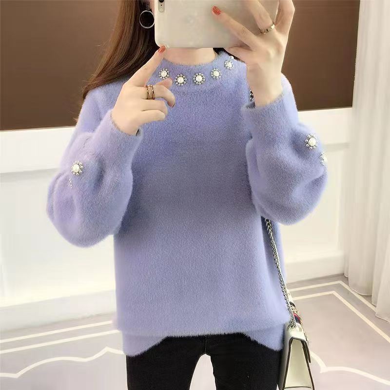 

Mink velvet autumn and winter new loose versatile beaded diamond knitted sweater top semi-turtleneck bottoming sweater women One size фиолетовый