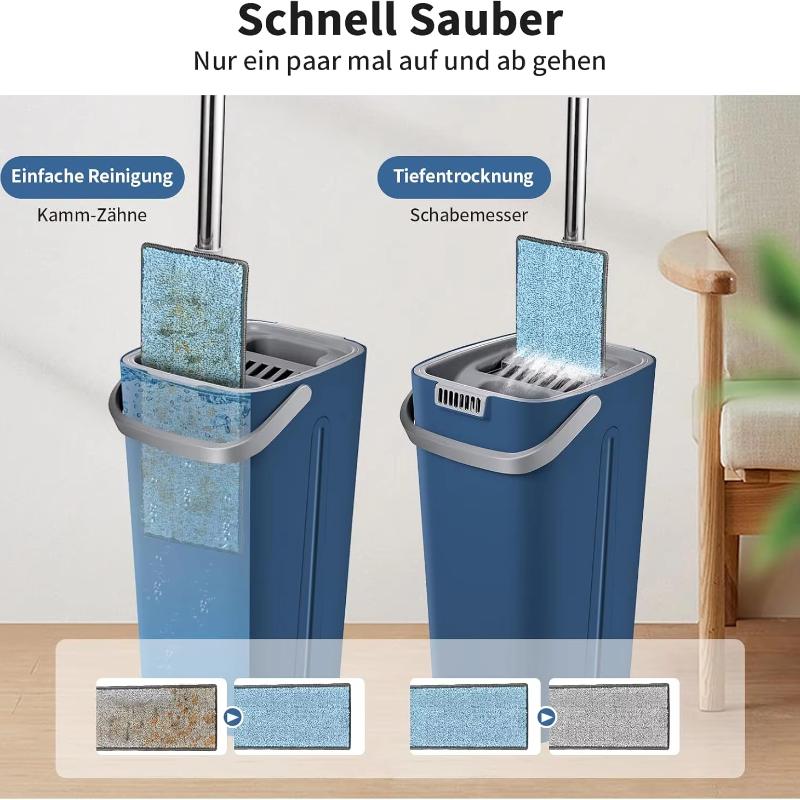 Bucket Mop Set with 2 Mop Pads and 121 Cm Stainless Steel Handle with Wiping Function for Hardwood, Laminate Tiles