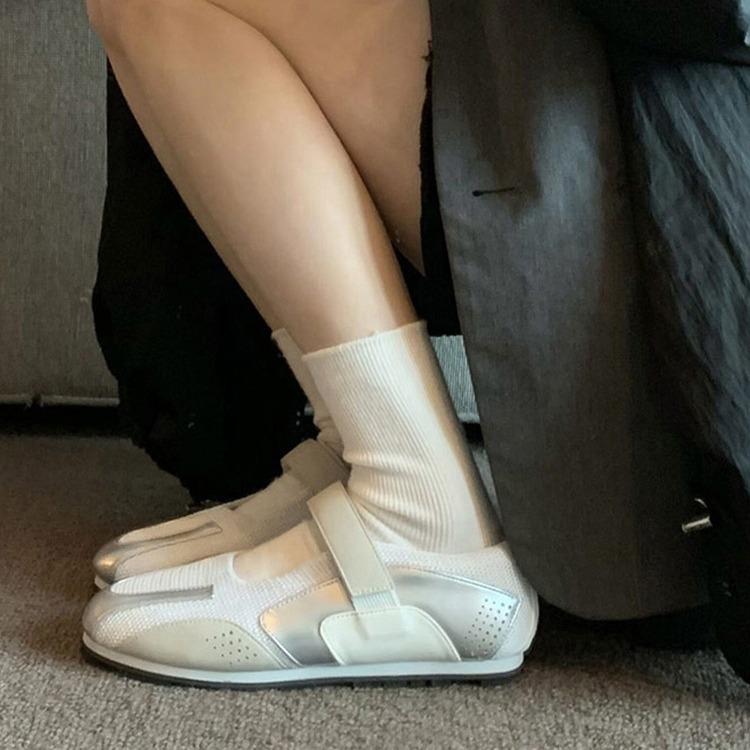 Leather Korean version niche silver Mary Jane ballet shoes flat Velcro casual sneakers white shoes women's shoes