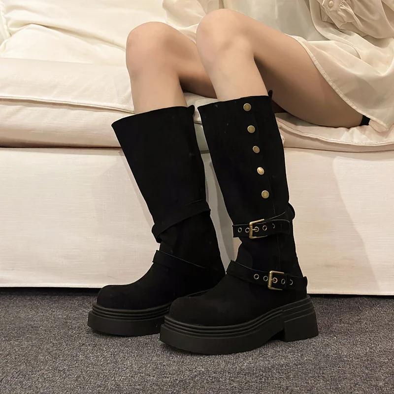 Vintage Knight Women Mid Calf Boots Fashion Slip On Long Booties Autumn Winter Thick Heels Ladies Shoes