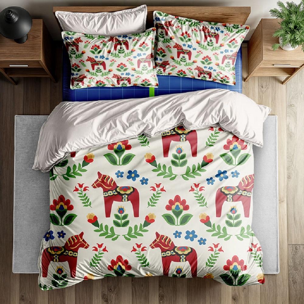 

Swedish Dala Horses Duvet Cover Set EU Single Double King US Twin Full Queen Size Bed Linen Set 140x210cm