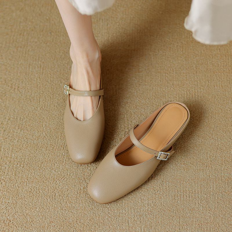 Krazing Pot, mulas de cuero de plena flor, punta cuadrada, tacones bajos, zapatillas exteriores de otoño, zapatos de verano, zapatos de tacón para mujer