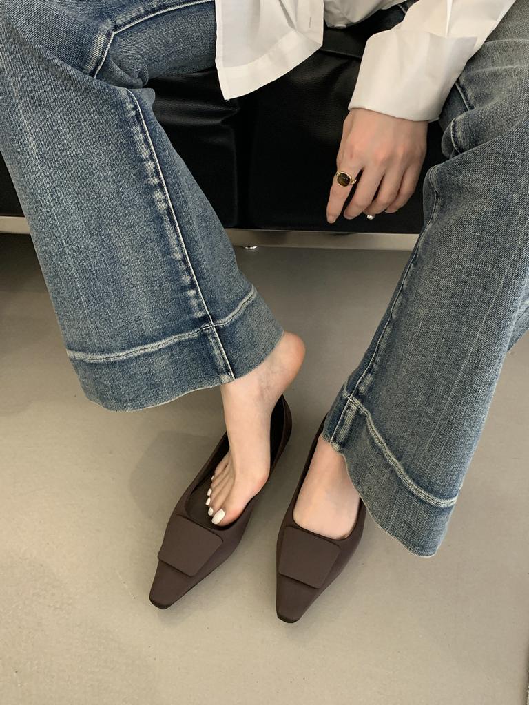 2025 Spring and Autumn New Fashion Versatile Satin Square Head Low Heel Shoes with Skirt Square Buckle Commuter Shoes Women