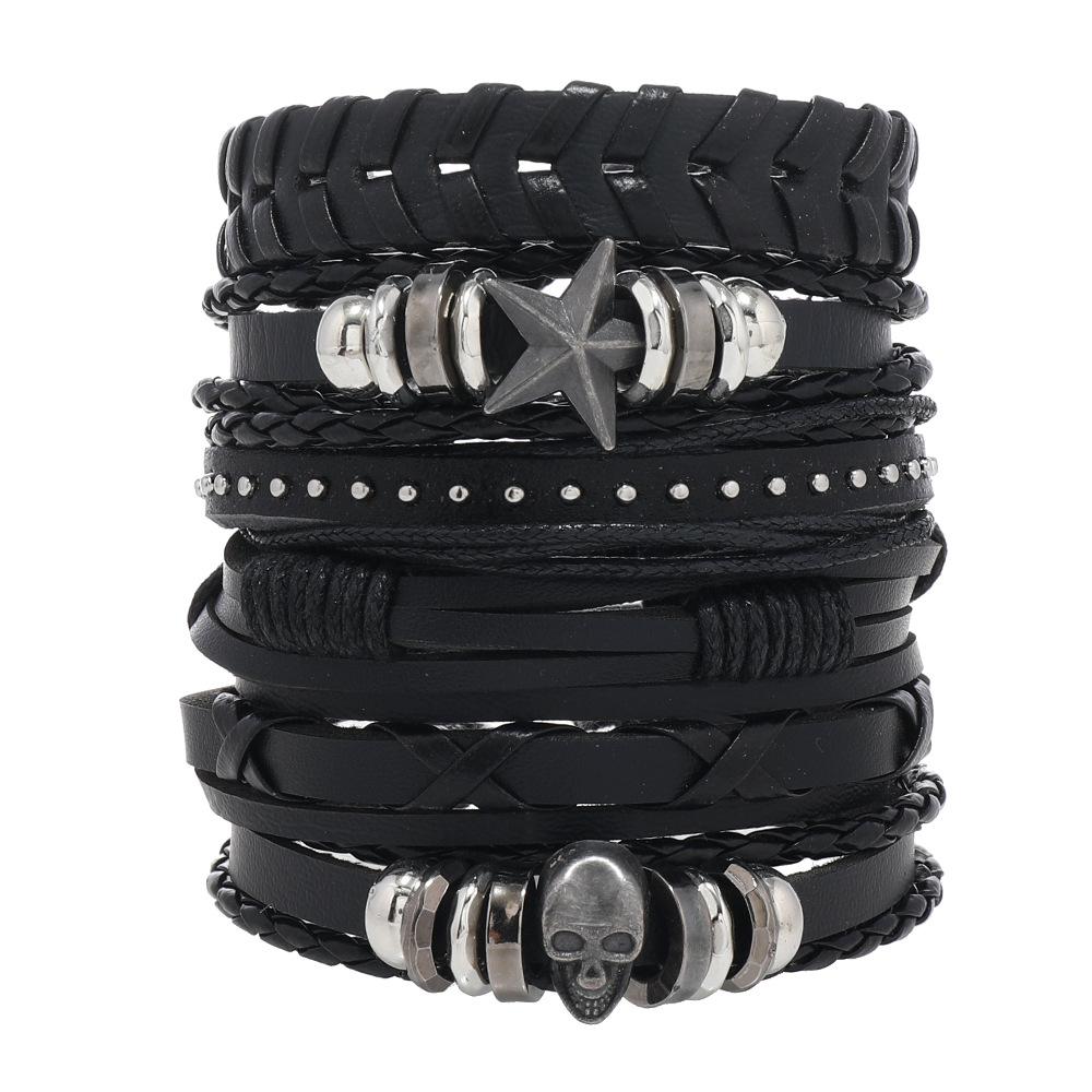 New Punk Rock Skull Hand-woven Bracelet, Five-pointed Star Element Men's Multi-layer Leather Bracelet Bracelet