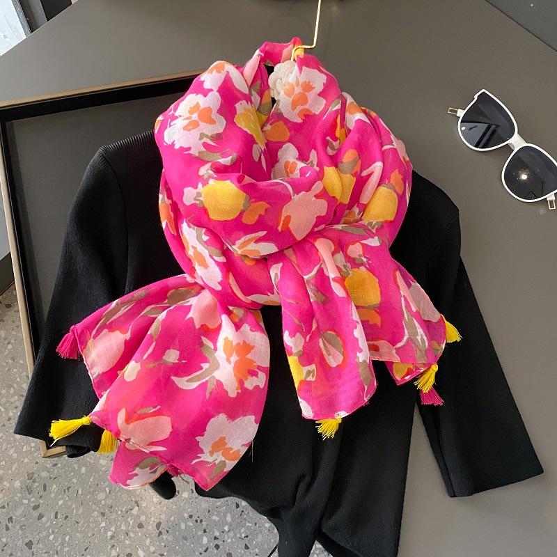 Spain Luxury Fashion Floral Dot Tassel Viscose Shawl Scarf High Quality Wrap Thin Pashmina Stole Bufandas Muslim Hijab 180*90Cm