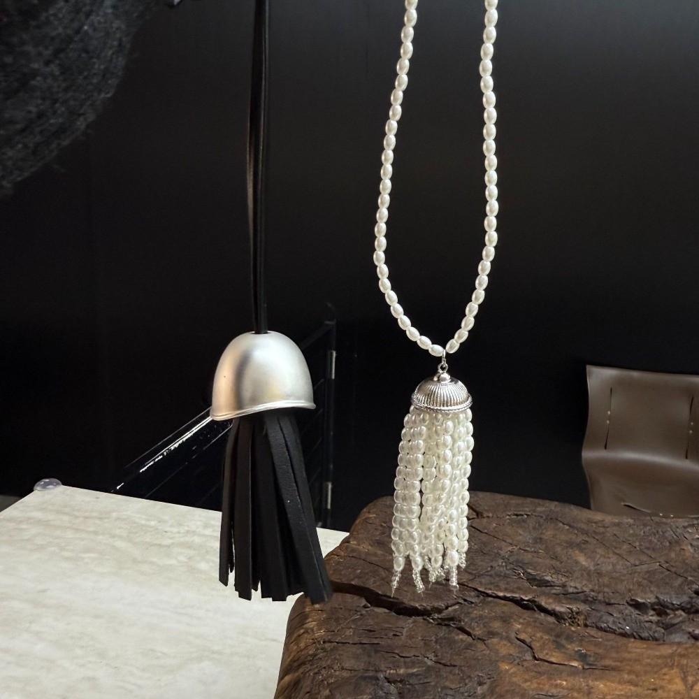 Fashion Pearl Tassel Long Necklaces Adjustable Korean Style Sweater Chain Leather Rope Women's Necklaces Women