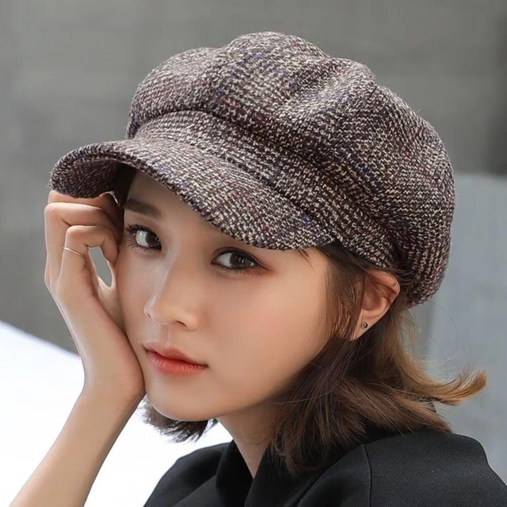 Plaid Design Woolen Hat Ear Protection Keep Warm Painter Caps Thick Material Korean Style British Berets Outdoor Activities