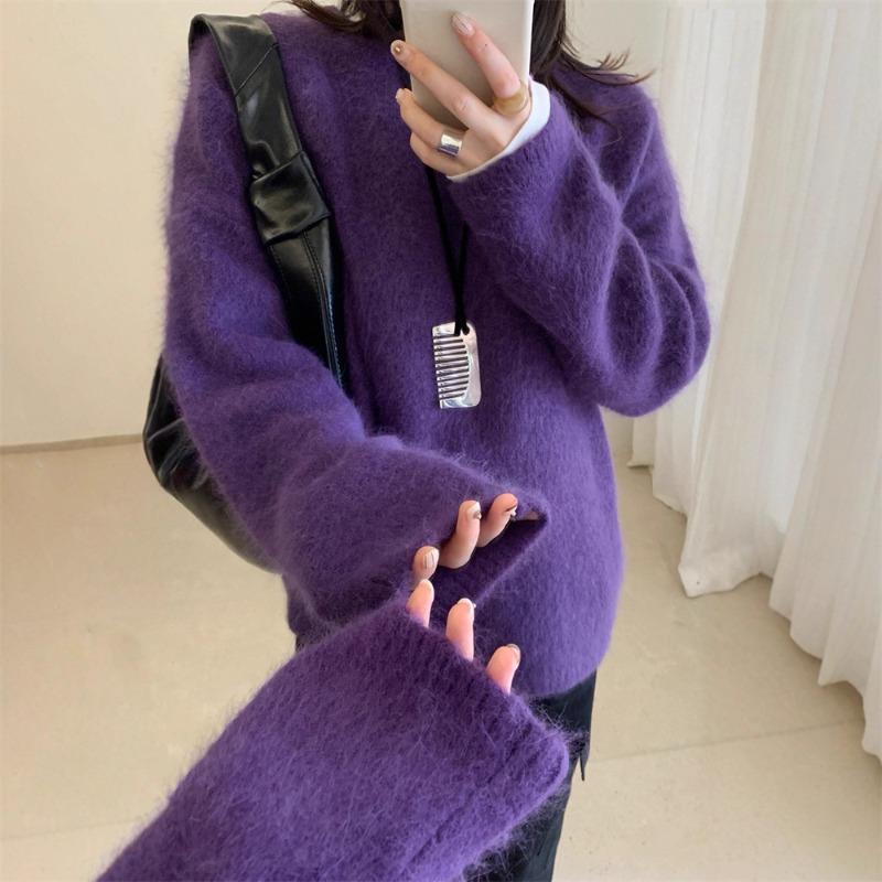

Soft waxy hairy casual versatile pullover sweater women s autumn and winter new round neck loose warm knitted top one size fits all фіолетовий