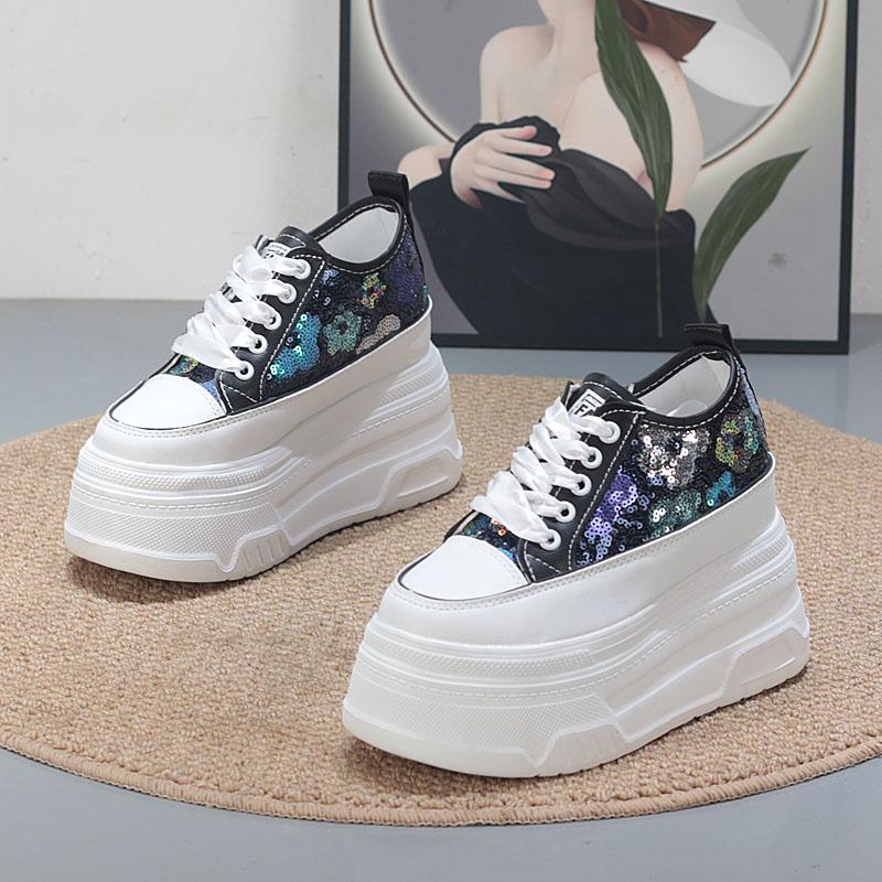 Fashion 10CM Air Mesh Microfiber Leather Fashion Summer Chunky Sneaker Lace Up High Brand Comfy Booties Bling Shoes Women