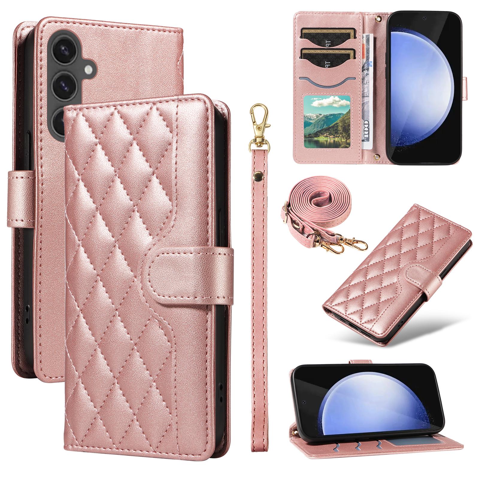 

Для Samsung Galaxy S24 FE Чехол-кошелек Ромбовидный кожаный чехол для телефона с плечевым ремнем, ремешком на запястье Rose Gold