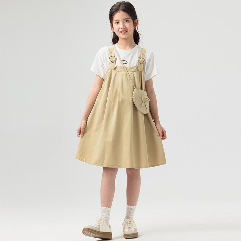Girls' Casual Belted Dress Set - Summer Children's Sweet Top and Short-sleeved T-shirt + Dress Set