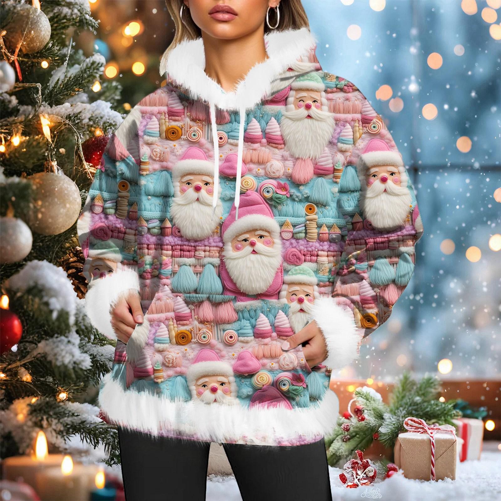 

Женское рождественское повседневное худи с длинными рукавами и карманами, на флисовой подкладке M