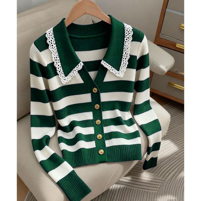 Women's Clothing Elegant Fashion lace Striped Knit Cardigan Autumn Winter New Sweet All-match V-neck Sweaters Lady Long Sleeve Tops